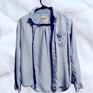 Blue Button Up Top Faux Denim Style